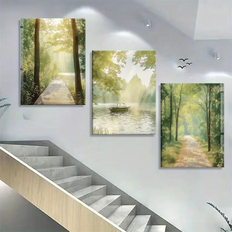 3pcs Tranquil Nature Scenes with Gentle Sunlight Calm Pathways Metal Print Ready to Hang Art