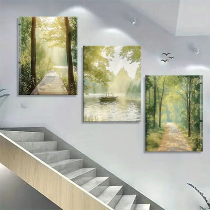 3pcs Tranquil Nature Scenes with Gentle Sunlight Calm Pathways Metal Print Ready to Hang Art