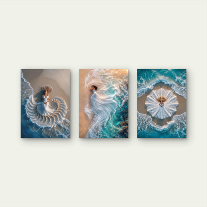 3pcs Ethereal Bridal Gown Ocean Waves Beach Aerial Photography Wall Art Set Canvas Framed 50x70cm - High Quality Print 100% Australian Made Wall Canvas Ready to Hang
