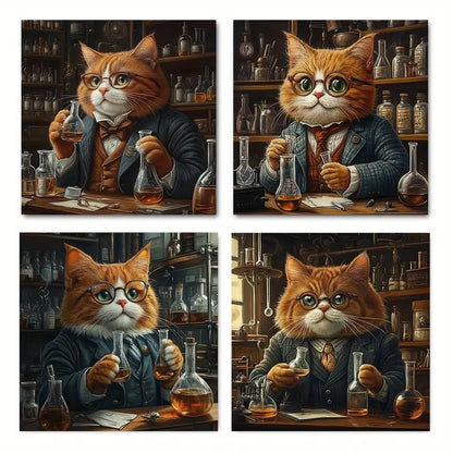 4pcs Funny Fat Cat Doctor Wears Glasse Wall Art Canvas Framed