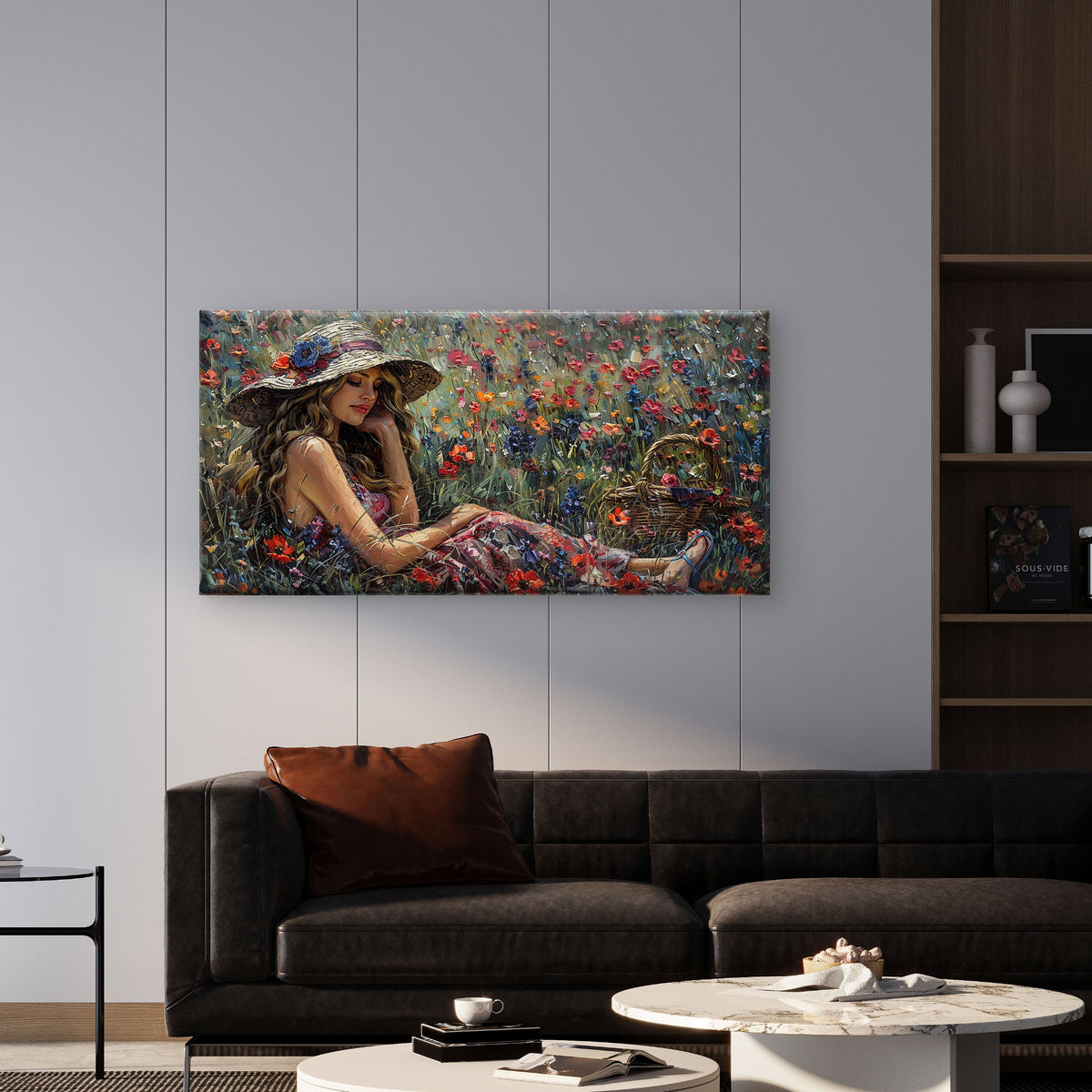 Woman Hat Poppy Field Wall Art Canvas Office Home Room Framed 120x60cm