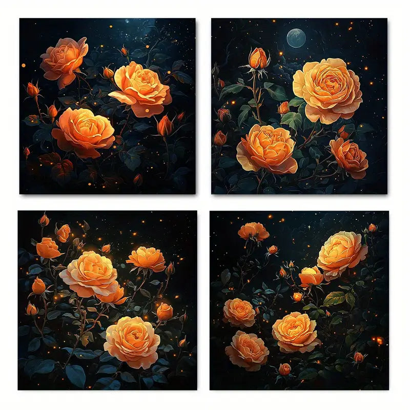 4pcs Orange Peony Flowers Muscular Beautifu Wall Art Canvas Framed