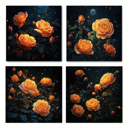 4pcs Orange Peony Flowers Muscular Beautifu Wall Art Canvas Framed