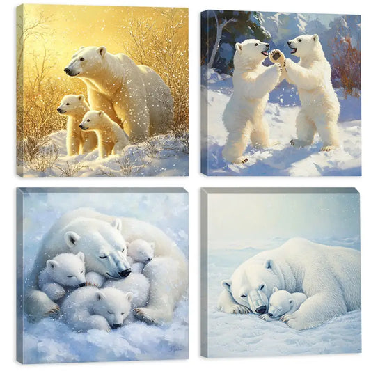 4pcs Polar Bear Family Canvas Wall Art Canvas Framed