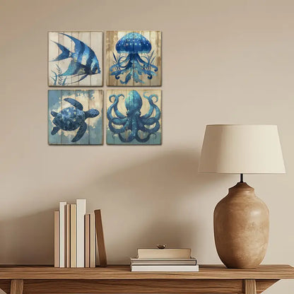 4pcs Blue Sea  Animals Wall Art Canvas Framed