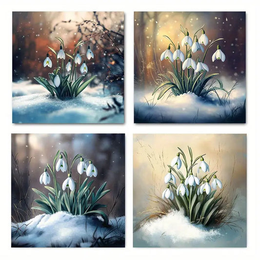 4pcs Blue Snowdrop Art Deco Wall Art Canvas Framed