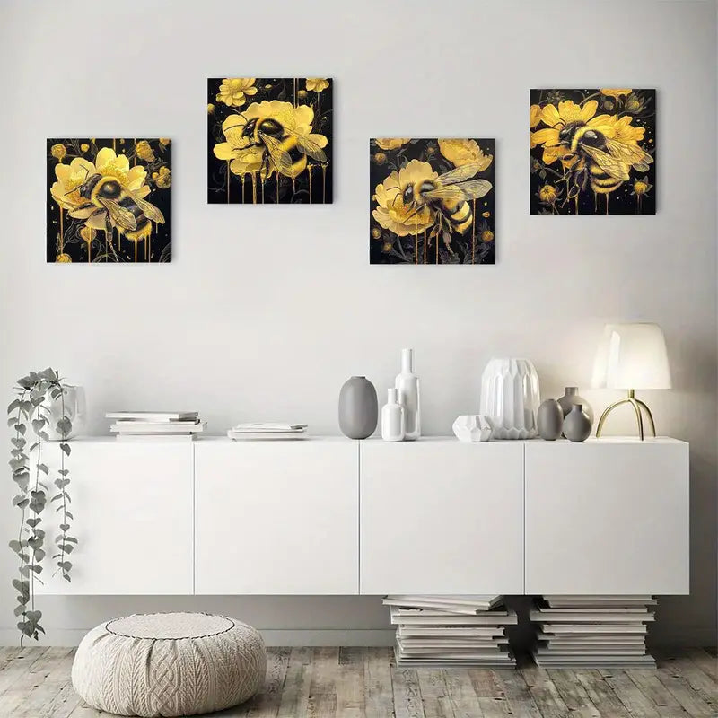 4pcs  Bee & Honey Hummingbird for Home e w  Wall Art Canvas Framed