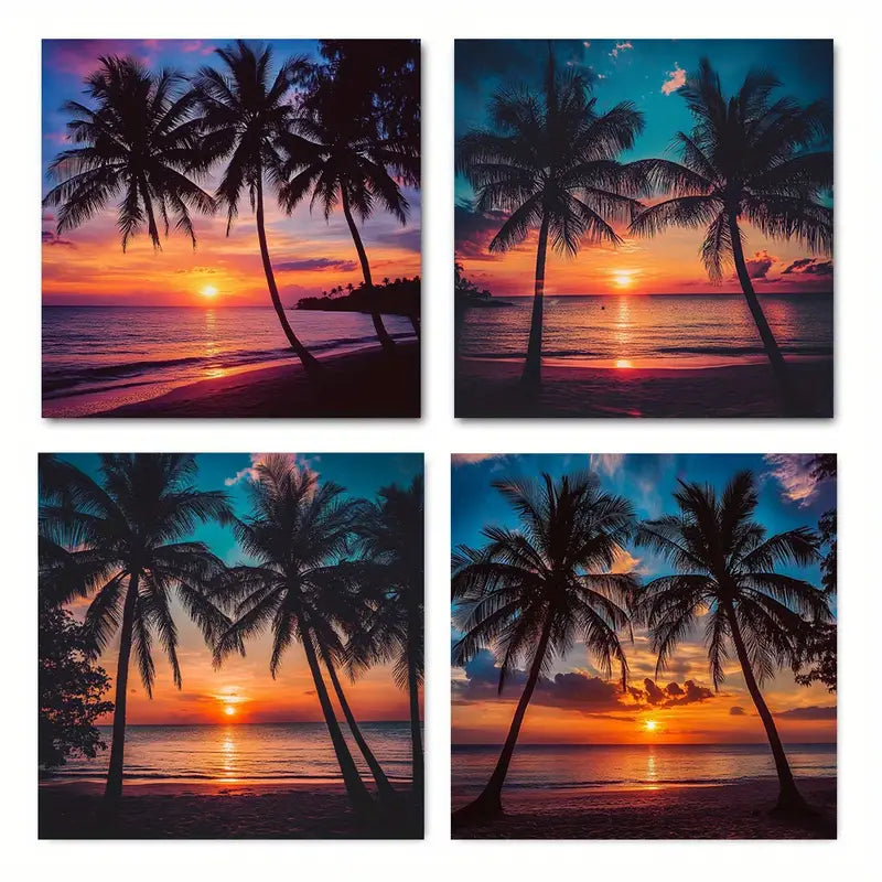 4pcs  Tropical Beach Palm Evening Glow Decor Wall Art Canvas Framed