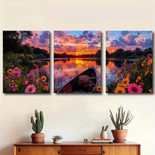 3pcs River at Dusk Peaceful Landscape Wall Art Set Canvas Framed 60x90cm - High Quality Print 100% Australian Made Wall Canvas Ready to Hang