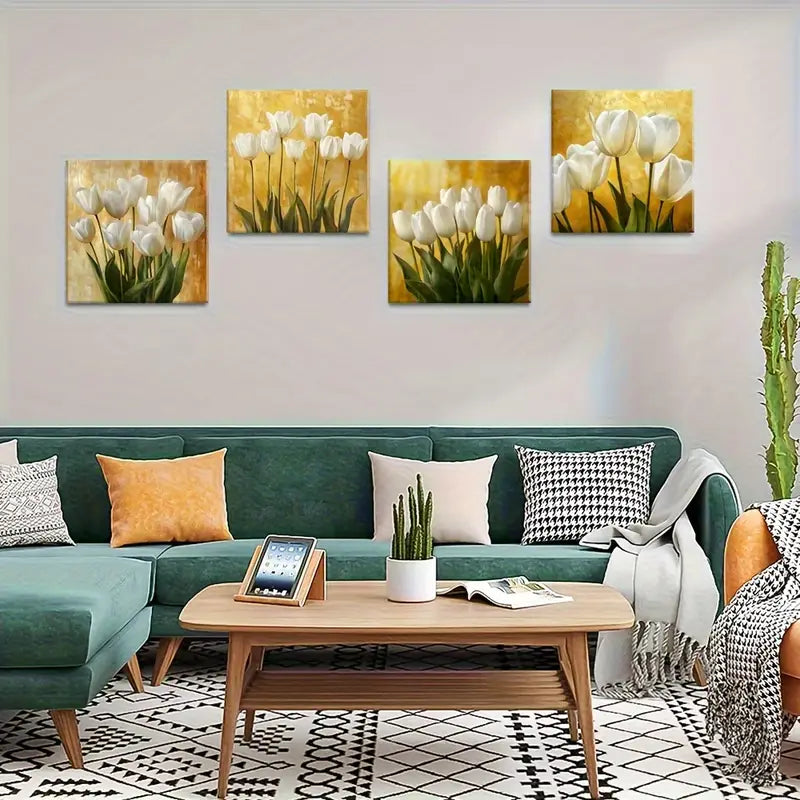 4pcs  Green Leaf Art Prints, Flower Bouquet  Wall Art Canvas Framed
