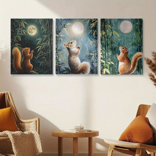 3pcs Whimsical Squirrel Moonlight Forest Metal Print Ready to Hang Art