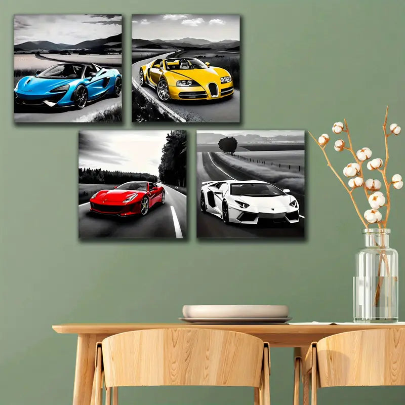 4pcs Colorful Racing Car Painting Wall Art Canvas Framed