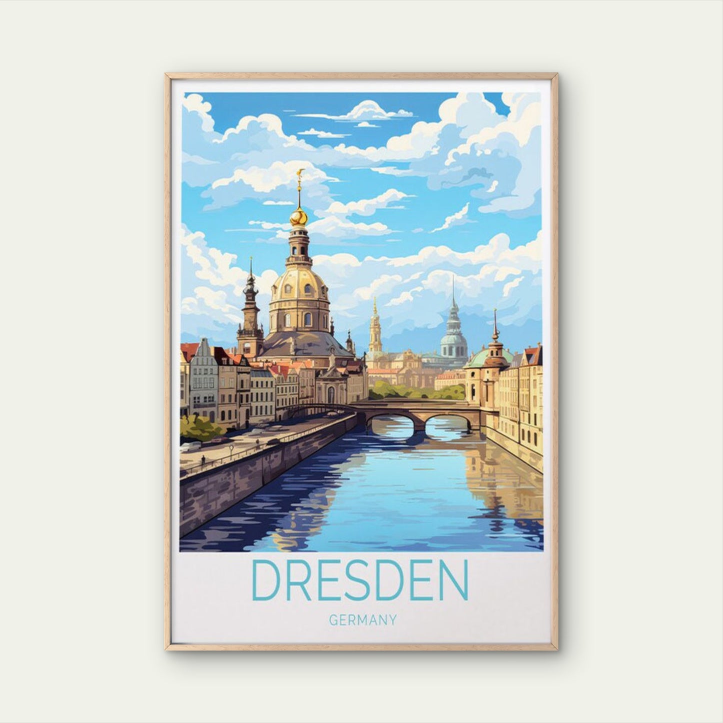 Dresden City in Germany, Church & Canal Travel Poster Print Wall Art