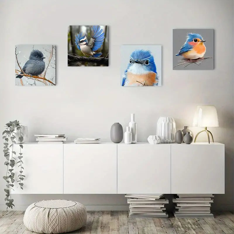 4pcs Abstract & Colorful Bluebirds Wall Art Canvas Framed