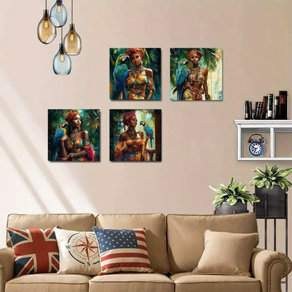 4pcs Women with Parrots, Colorful  Wall Art Canvas Framed