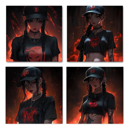 4pcs Edgy Tattoo-Inspired Cool Girl Wall Art Canvas Framed