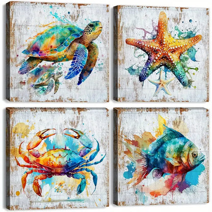 4pcs Ocean Crab Starfish Seafish  Wall Art Canvas Framed