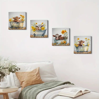 4pcs Cute Cattle In Bathtub Wall Art Canvas Framed