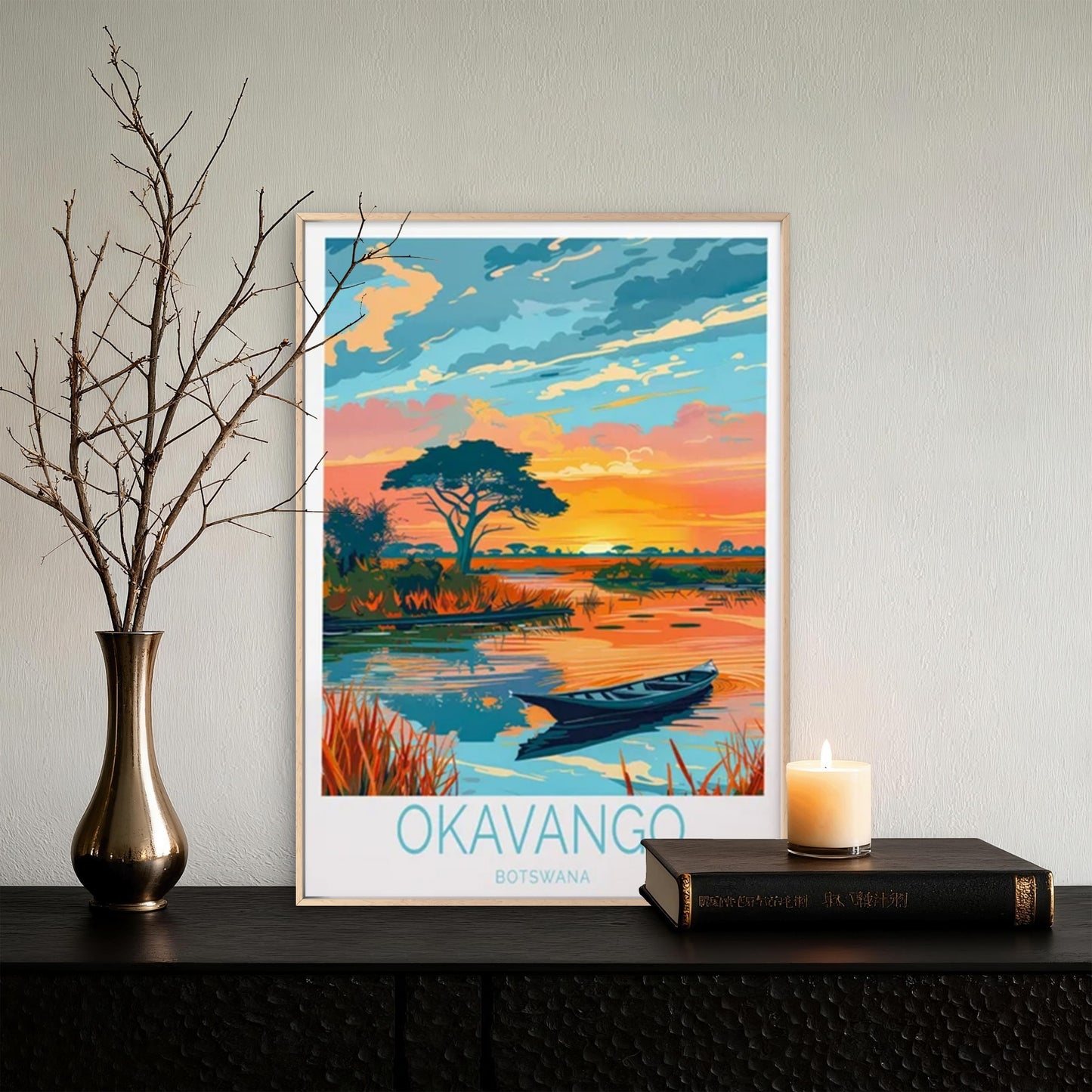 Okavango Botswana, Sunrise & Boat Paint Travel Poster Print Wall Art