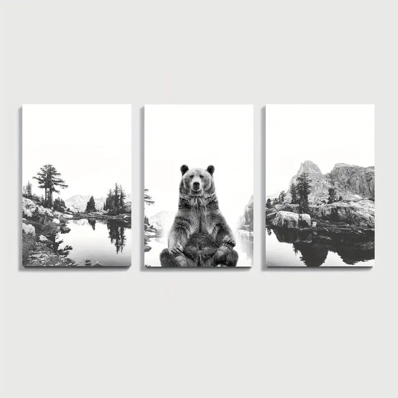 3pcs Grizzly Bear Black & White Nature Wall Art Set Canvas Framed 60x90cm - High Quality Print 100% Australian Made Wall Canvas Ready to Hang