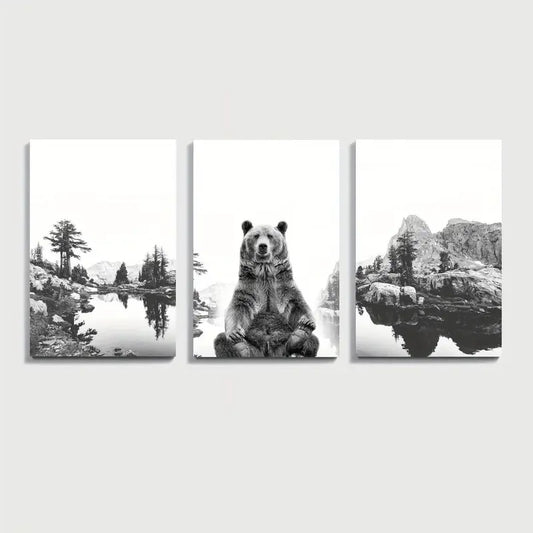 3pcs Grizzly Bear Black & White Nature Wall Art Set Canvas Framed 60x90cm - High Quality Print 100% Australian Made Wall Canvas Ready to Hang