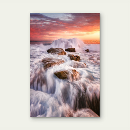 Long-Exposure of Waves Crashing at Sunset 40x60cm Metal Print Ready to Hang