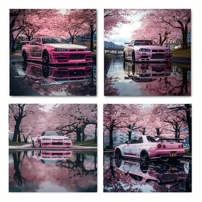 4pcs Car Under A Cherry Tree Wall Art Canvas Framed
