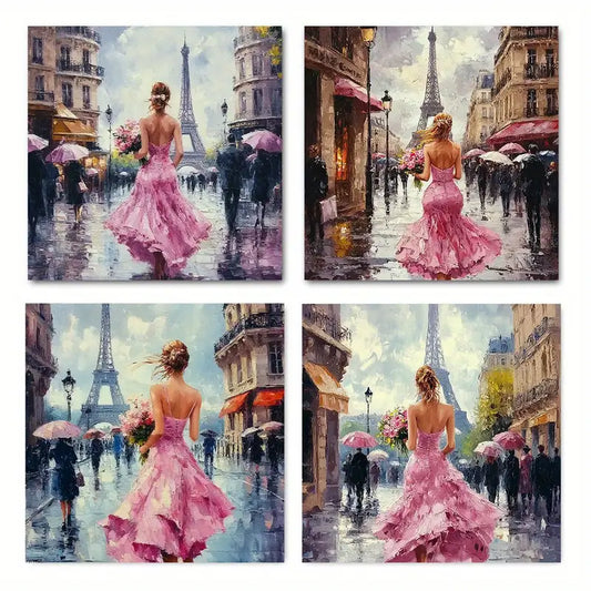 4pcs  Eiffel Tower & Pink Dress Wall Art Canvas Framed