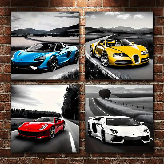 4pcs Colorful Racing Car Painting Wall Art Canvas Framed