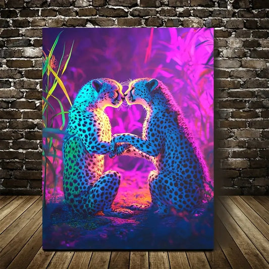 Surreal Neon Glow Cheetah Play Vibrant Modern 40x60cm Metal Print Ready to Hang