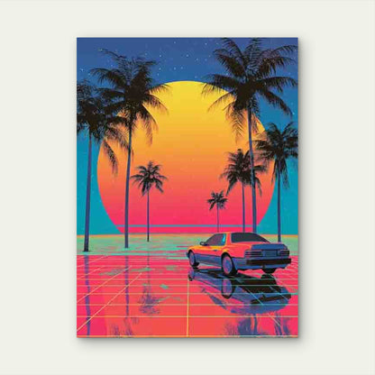 Vintage Funky Neon Landscape With Palm Trees Metal Print Ready to Hang