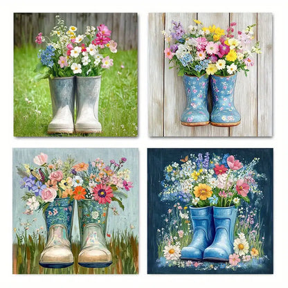 4pcs Vintage Garden Boots Floral Arrangements Wall Art Canvas Framed