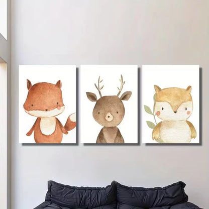 3pcs Adorable Cartoon Woodland Animals Wall Art Set Canvas Framed 50x70cm - High Quality Print 100% Australian Made Wall Canvas Ready to Hang