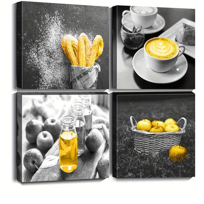 4pcs Food & Beverage Themed Black And White Wall Art Canvas Framed