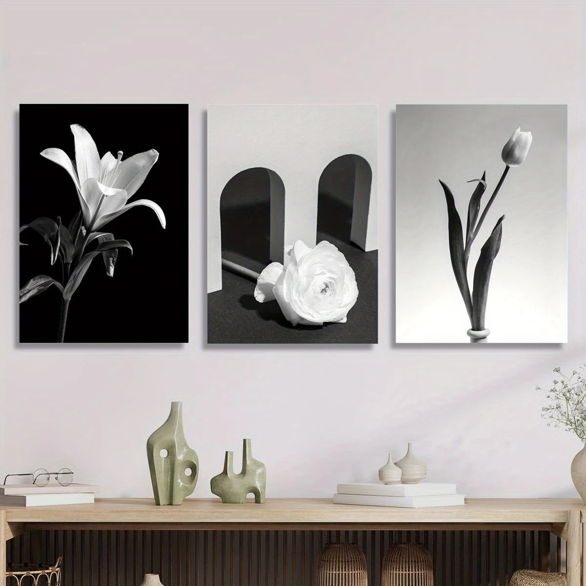 3pcs Black and White Botanical Bouquet Classic Design Metal Print Ready to Hang Art