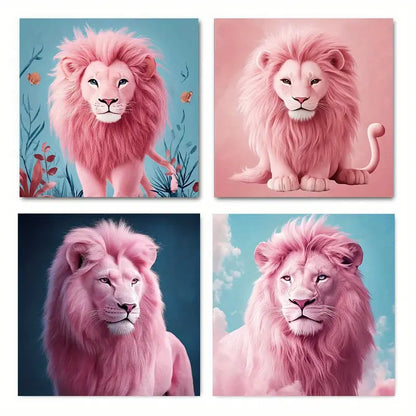 4pcs Colorful Pink Lion Animal Wall Art Canvas Framed