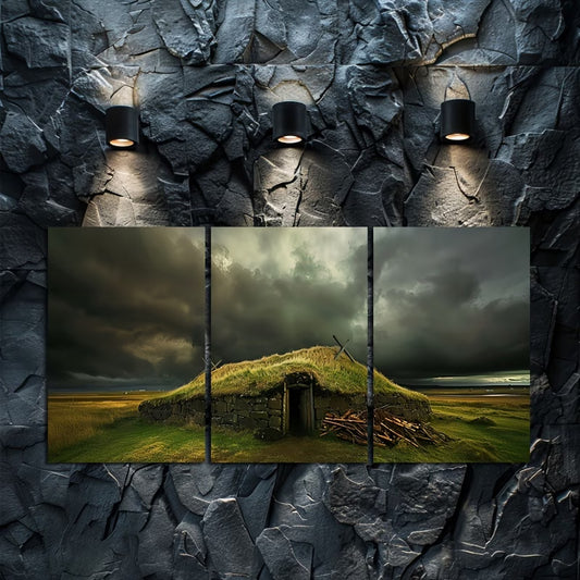 3pcs Icelandic Viking House Wall Art Set Canvas Framed 60x90cm - High Quality Print 100% Australian Made Wall Canvas Ready to Hang