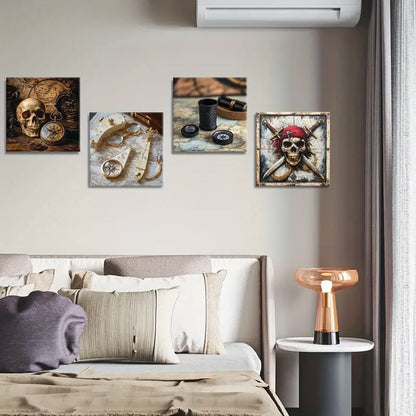 4pcs Skull Art Prints, Compass Canvas Print Wall Art Canvas Framed