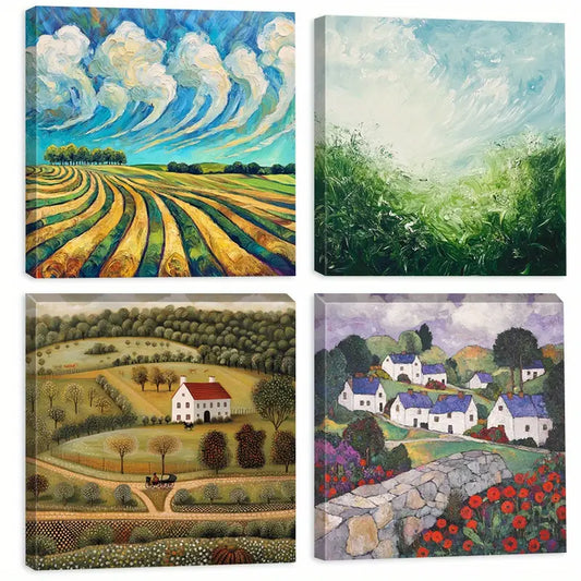 4pcs Blue Sky Paintings, Golden Yellow  Wall Art Canvas Framed