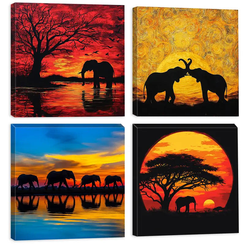 4pcs  Vibrant Elephant Silhouettes Wall Art Canvas Framed