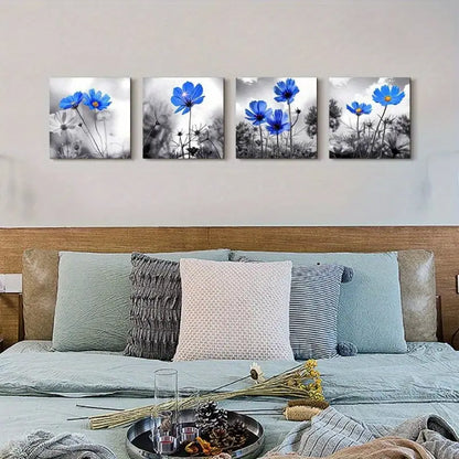 4pcs Black and White Abstract Plant Blue Flower  Wall Art Canvas Framed