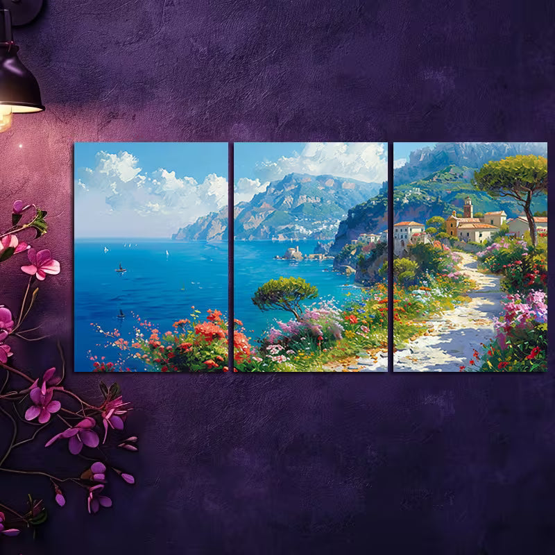 3pcs Vibrant Mediterranean Landscape with Floral Wall Art Set Canvas Framed 40x60cm - High Quality Print 100% Australian Made Wall Canvas Ready to Hang