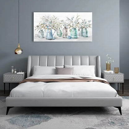 Vintage Indigo Floral Rustic Botanical Blue Flowers & Glass Vases Wall Art canvas office home room framed 120x60cm