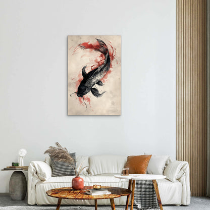 Sumi-e Black Koi Illustration 60x90cm Metal Print Ready to Hang