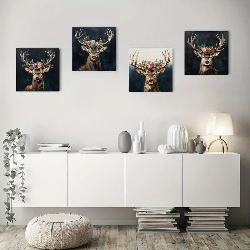 4pcs Animal Deer Prints Wall Art Canvas Framed