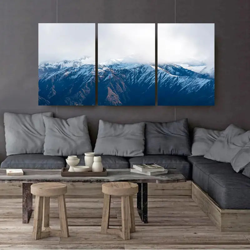 3pcs Blue Snowy Mountain Scenic Art Wall Art Set Canvas Framed 50x70cm - High Quality Print 100% Australian Made Wall Canvas Ready to Hang