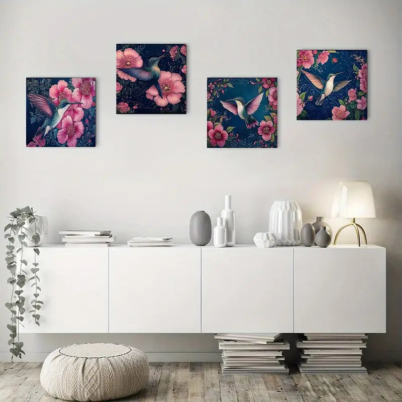 4pcs Hummingbirds & Flowers Wall Art Canvas Framed