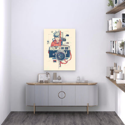 Retro Photography Decor with Red Camera Diagrams 60x90cm Metal Print Ready to Hang