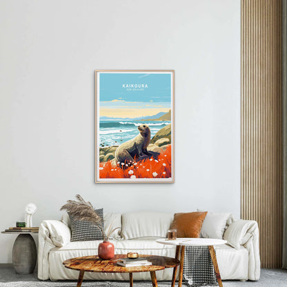 Kaikoura New Zealand, Sea Lion in Beach Travel Poster Print Wall Art