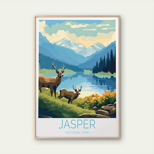 Jasper National Park, Deer & River Art Travel Poster Print Wall Art